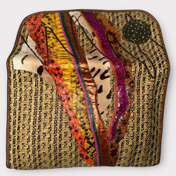 VTG Carlos Falchi Purse Brown Exotic Leathers Patchwork Envelope Clutch 80s USA - Picture 5 of 8